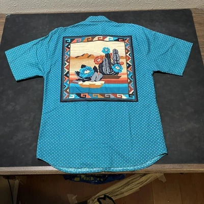 Bush Pilot Country Cactus Shirt Mens 1970s Teal Southwestern Rodeo Cowboy USA - Image 1 of 4