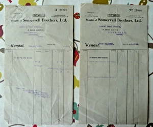 2 Invoices Somervell Brothers Ltd Kendal K Shoe Agency Lowis Sedbergh 1929 - Picture 1 of 1