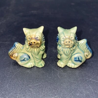 Oriental Fu/Foo Dog Guardian Pair Ceramic Glazed Green Brown Blue clean Vintage - Image 1 of 4
