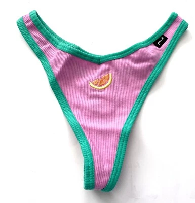 PINK Victoria's Secret Thong Panty NWT Embroidered Fruit Cotton Blend Ribbed  - Image 1 of 2