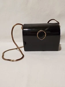 Vintage Wilardy Small Black Lucite Handbag Purse With Gold Chain & Turtle Strap - Picture 1 of 10