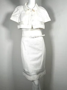 ESCADA WHITE COTTON PIQUE COCKTAIL SUN DRESS CROPPED JACKET ORGANZA PANELS SMALL - Picture 1 of 11