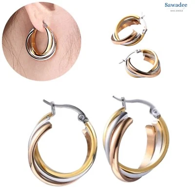 Orecchini donna a cerchio in acciaio inox intrecciati tricolore argento rame oro - Immagine 1 di 4