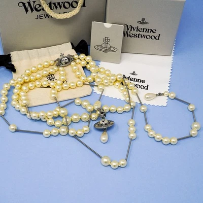Vivienne Westwood Necklace Silver Tone Bas Relief Broken Pearl Orb Choker & Box - Image 1 of 4