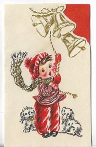 VTG CHRISTMAS ART DECO CARD 3x5 Boy in Red Snowsuit Ring the Bells & Puppies - Picture 1 of 3