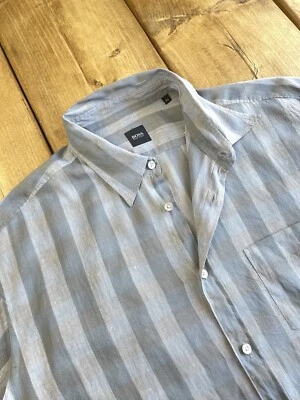 HUGO BOSS Linen Blend Shirt XL Grey Stripe Short Sleeve Regular Fit - Image 1 of 4
