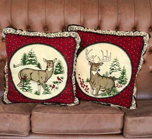 Vintage Handmade Buck & Doe Christmas Pillows with Cardinals – 15” Pair - Picture 1 of 8