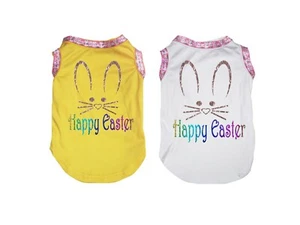 Yellow Top T-Shirt Happy Easter Bunny Face Pet Cat Dog Puppy One Piece Clothes - Picture 1 of 3