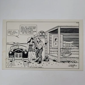 L.H. Dude Larson Comic Postcard Gas Station Rocking Chair Brunette Blonde Car - Picture 1 of 6