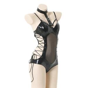 Sexy Traje de Gato de Malla de Cuero Sintético para Damas Cosplay Halter Recortado Bondage - Imagen 1 de 11