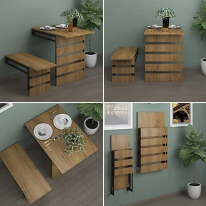 Folding Table with Bench Wall Mounted Space Saving Foldable Dining Kitchen Table - Picture 1 of 11