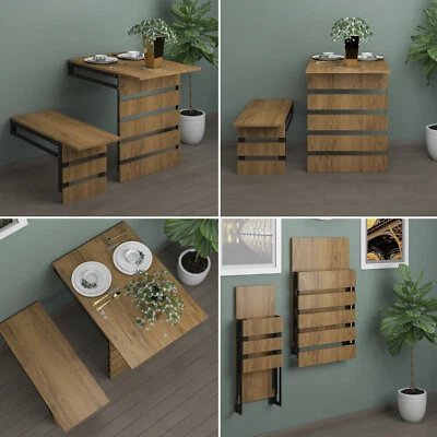 Folding Table with Bench Wall Mounted Space Saving Foldable Dining Kitchen Table - Image 1 of 4