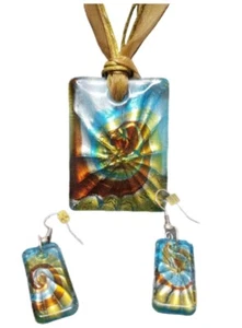 Tie Dye Swirl Glass Pendant Necklace Earrings Silver Blue Gold Rust Orange Red - Picture 1 of 11