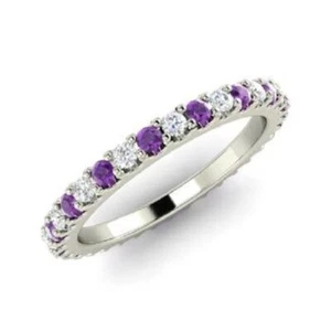 0.72 Ct Round Natural Amethyst Diamond Eternity Wedding Band 14K White Gold 7 8 - Picture 1 of 5