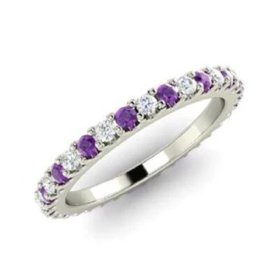 0.72 Ct Round Natural Amethyst Diamond Eternity Band 14K White Gold Ring - Image 1 of 4