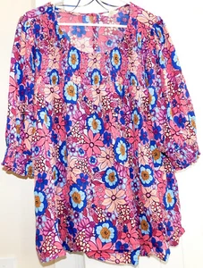 Blusa Top Terra&Sky ROSA PÚRPURA DITSY MOD FLORAL Campesina Manga 3/4 3X 24W 26W - Imagen 1 de 4