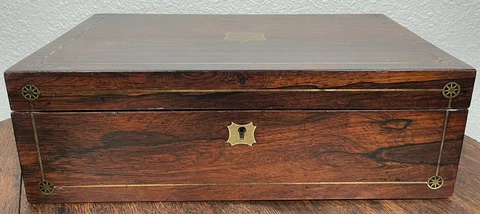 Antique Rosewood Inlaid Campaign Writing Box Lap Desk Victorian 19th Century Cover