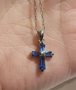 Dainty Blue Rhinestone Religious Cross Pendant 18" Chain Necklace - Picture 1 of 5