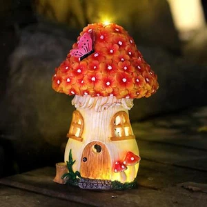 Solar Powered Mushroom House Night Light Resin Figurine for Patio Yard Decor - Picture 1 of 12