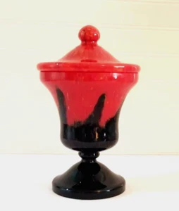 Art Deco Kralik Czech Glass Compote Spatter Orange Black Bohemian - Picture 1 of 24