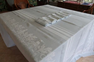 VTG Pale Ice Blue Damask Banquet Tablecloth & 6 Napkins 58” x 116" Japan - Picture 1 of 9