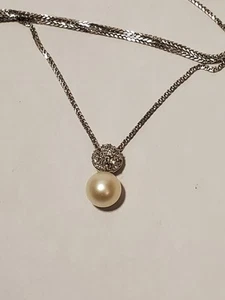 14K Solid White Gold Natural Pearl and Pave Diamond Necklace 18 Inches - Picture 1 of 7
