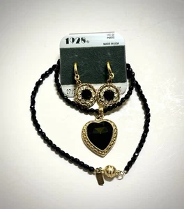 Hermoso collar y pendientes vintage de diamantes de imitación con cuentas negras tono dorado de 1928 - Imagen 1 de 7