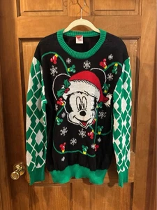Mickey Mouse Herren Weihnachtspullover Large Disney Lichter Neu mit Etikett schwarz grün & weiß - Bild 1 von 5