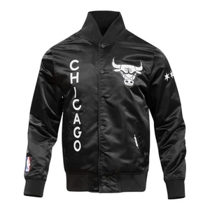 Pro Standard Chicago Bulls Jacket, Black Satin with Sticker Patch - Picture 1 of 5