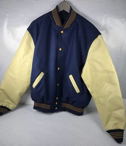 Vintage USA Holloway Varsity Jacket Mens L Black Gold Tan Leather Wool Sports - Picture 1 of 13