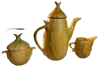 Antiguo juego de azucarero jarra crema cáscaras de mazorca de maíz MAJOLICA cerámica americana Foto 1 de 4