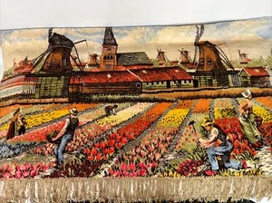 Vintage Sweden Belgium Velvet Windmill Farm Workers Wall Hang Rug Tassels - Picture 1 of 8