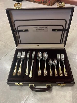 BESTECKE GOTTINGHEN Set posate 12 persone acciaio inossidabile placcate oro 24k - Immagine 1 di 2