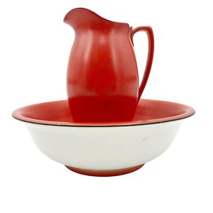 vintage Gibsons England red & white enamel large Pitcher and Wash Basin Bowl set - Picture 1 of 12