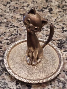 Vintage Kitty Cat Ring Holder Jewelry Trinket Dish Feline Silver Plated - Picture 1 of 4