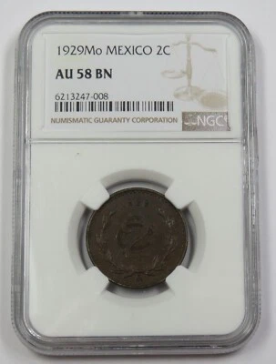 1929 Mo NGC AU58 BN Brown 2 Centavos 2c Mexico Coin Item #33646A - Image 1 of 4