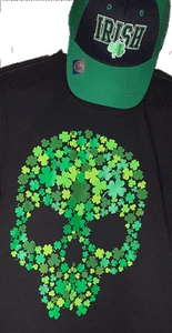 Shamrock Irish T-shirt XL w/ Ireland green clover skull - FREE matching hat - Picture 1 of 5