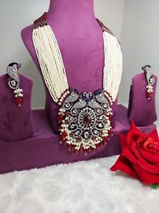 GC Indian Rhodium plated Mor/Peacock red Long CZ & AD Antique beaded Necklace