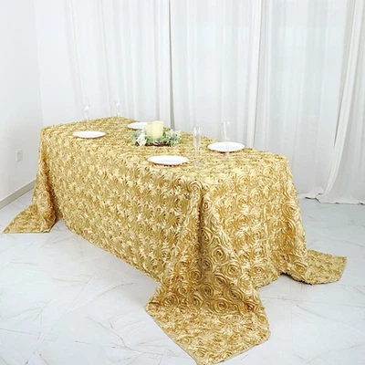 Champagne RIBBON ROSES 90x132" RECTANGLE TABLECLOTHS Wedding Catering Linens - Image 1 of 4
