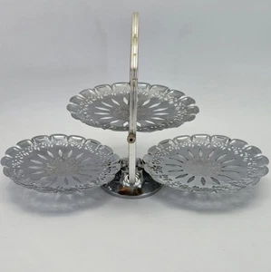 Vintage MCM Kuchen Süßigkeiten Serviertablett 3 Ebenen Klappbar Silberfarben Schale mit Griff - Bild 1 von 16