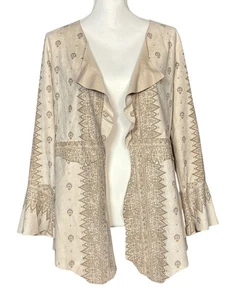 Vocal Jacket Size Small Suede Tan Open Front Ruffle Flared Sleeve Lace Up Back - Picture 1 of 7