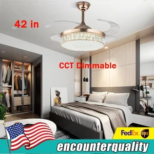 42'' Retractable Ceiling Fan Light LED Dimmable Crystal Chandelier + Remote New - Picture 1 of 11