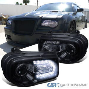 Glossy Black For Chrysler 05-10 300C Tinted LED Bar Projector Headlights Lamps
