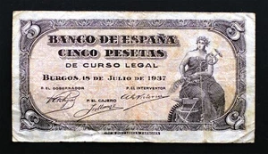 SC Spain- Guerra Civil. 5 Pesetas. Burgos. 1937. MBC/VF. Sin serie . ESCASO - Imagen 1 de 2