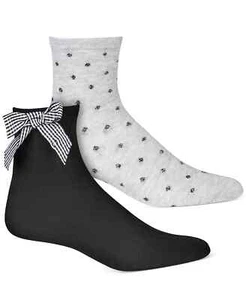 INC Women's 2-Pair Plaid Bow and Dot-Print Anklet Socks, Black/Gray, One Size - Picture 1 of 3