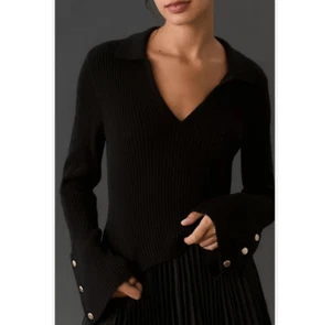 NWT Maeve by Anthropologie Womens Top Womens Large Black Ribbed Knit Bell Sleeve - Picture 1 of 14