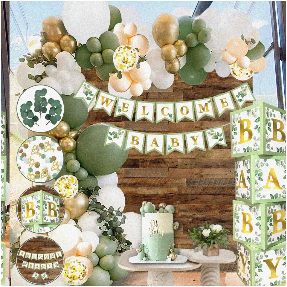 Kit de chá de bebê Woodland Wonders - Decorações verde sálvia e verde oliva, gênero - Imagem 1 de 4