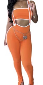 Women Solid Casual Orange 2 Pc Tank Sleeveless Suspender Rompers Jumpsuit - Picture 1 of 9