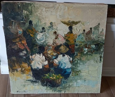 FIRMADO Alfredo Buenaventura 1942-1982 Filipinas Mercado Escena Pintura 30x30" Foto 1 de 4