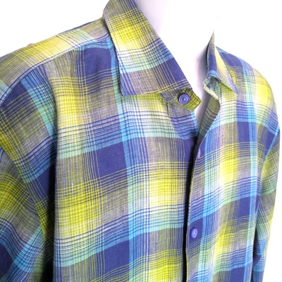 Robert Talbott Plaid Linen Long Sleeve Shirt XL Colorful Blue Yellow button down - Image 1 of 4